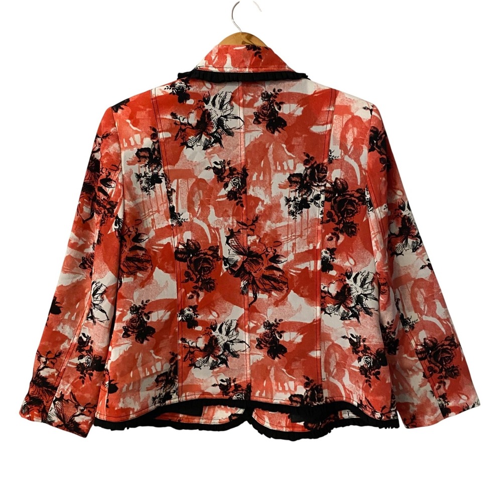 Kim Rogers Petite Womens 10P Red Floral Abstract Ruffle Trim Blazer Jacket - Picture 2 of 7